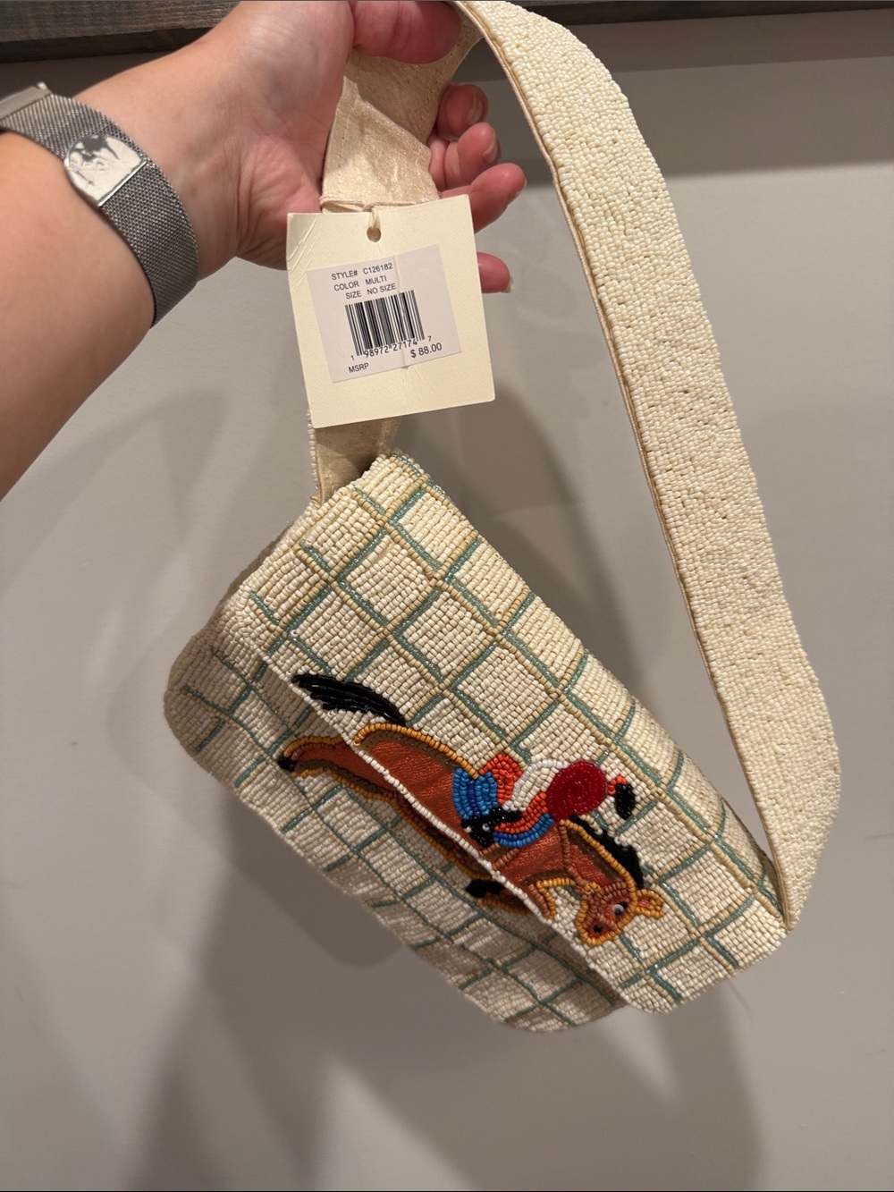 Cream Beaded Shoulder Bag with Embroidered Horse Accent - Picture 3 of 3